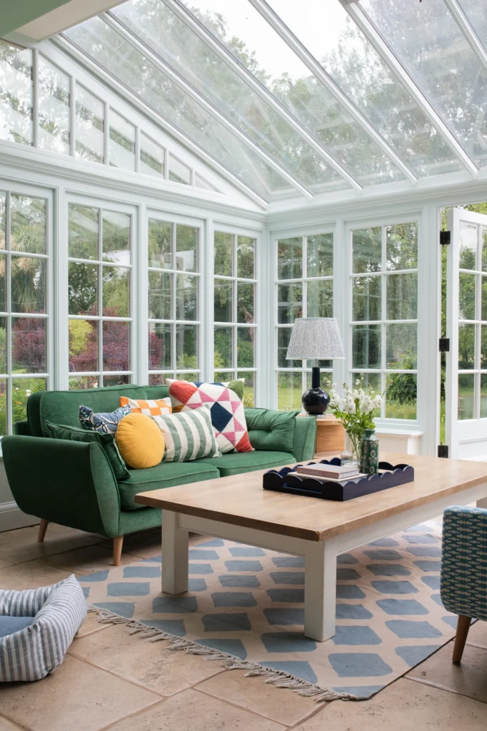 Light and airy garden-inspired interior design in a bright orangery with a green sofa, bold cushions and a wooden table as a focal point