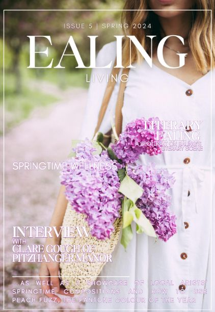 Press coverage from Ealing Living Magazine, front Cover of a lady walking with wisteria in her bag